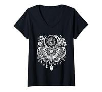 Women's Butterfly Moon Art Celestial Mandala Luna Moth V-Neck T-Shirt