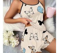Womens Butterfly Pattern Pajamas Sleeveless Vest And Shorts Set Polyester Fabric For Year Round Sleep And Lounge Use(XL Apricot)
