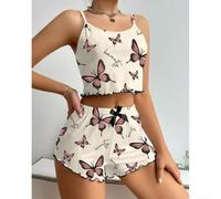 Women's Butterfly Print Camisole Pajama Set Elastic Shorts(Apricot M)