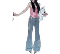 Women's Butterfly Print Jeans Y2K Vintage Fashion Trend Wide Leg Jeans Sweet Elegant High Waist Loose Flare Jeans (Blue,M)