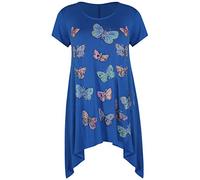 Womens Butterfly Print Ladies Stretch Uneven Hanky Hem Round Scoop Neckline Bead Glitter Long T-Shirt Top Plus Size Royal Blue 18