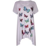 Womens Butterfly Print Ladies Stretch Uneven Hanky Hem Round Scoop Neckline Bead Glitter Long T-Shirt Top Plus Size White 14