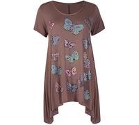 Womens Butterfly Print Ladies Stretch Uneven Hanky Hem Round Scoop Neckline Bead Glitter Long T-Shirt Top Plus Size Mocha 26-28