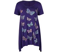 Womens Butterfly Print Ladies Stretch Uneven Hanky Hem Round Scoop Neckline Bead Glitter Long T-Shirt Top Plus Size Purple 22-24