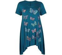 Womens Butterfly Print Ladies Stretch Uneven Hanky Hem Round Scoop Neckline Bead Glitter Long T-Shirt Top Plus Size Teal 26-28