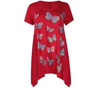 Womens Butterfly Print Ladies Stretch Uneven Hanky Hem Round Scoop Neckline Bead Glitter Long T-Shirt Top Plus Size Red 22-24