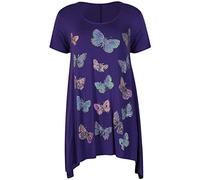 Womens Butterfly Print Ladies Stretch Uneven Hanky Hem Round Scoop Neckline Bead Glitter Long T-Shirt Top Plus Size Purple 26-28