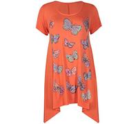 Womens Butterfly Print Ladies Stretch Uneven Hanky Hem Round Scoop Neckline Bead Glitter Long T-Shirt Top Plus Size Orange 20