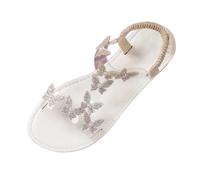 Womens Butterfly Rhinestone Flat Sandals Elastic Slingback Summer Shoes Dressy Open Toe Sparkly Holiday Party Footwear White