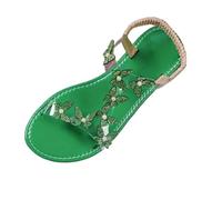 Womens Butterfly Rhinestone Flat Sandals Elastic Slingback Summer Shoes Dressy Open Toe Sparkly Holiday Party Footwear Green