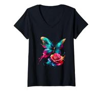 Women's Butterfly Rose Harmony Watercolor Nature Art V-Neck T-Shirt