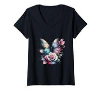 Womens Butterfly Rose Harmony Watercolor Nature Art V-Neck T-Shirt