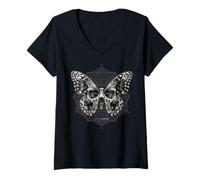 Womens Butterfly Skull Sacred Geometry V-Neck T-Shirt