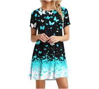 Women's Butterfly T-Shirt Dress Short Sleeve Summer Tunic Dress Casual Boho Shift Dresses Casual Loose Knee Length A Line Swing Skater Dresses for Ladies UK Sale Clearance