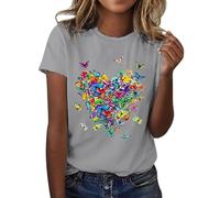 Women's Butterfly Tops, Short Sleeve | Love Print Round Neck Tee, Lightweight Soft, Convertible Long Sleeve Mock Neck, Ladies Summer Top Grey M