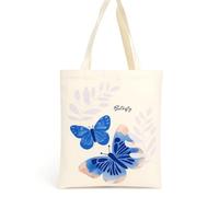 Women's Butterfly Tote Bag, Cream, Blue Leaf Print, 2 Shoulder Handles | 1 rectangular carryall, for everyday belongings, shopping, books, work, study, commuting, casual outings and beach essentials