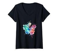 Women's Butterfly Transformation Autism Rainbow Splash V-Neck T-Shirt