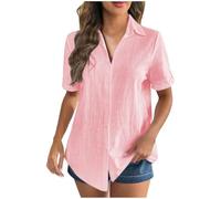 Womens Button Down Blouse Plus Size Cotton Linen Shirts Short Sleeve Tunic Tops Lapel Casual Office Dressy Shirts Elegant Party Blouson Tops Going Out Holiday Vacation 01 Pink XL