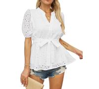 Womens Button Down Blouses Casual Peplum Summer Tops Dressy Chiffon Work Blouse, White 2, L