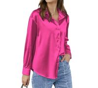 Women's Button Down Long Sleeve Collared Pullover Satin Solid Blouse Work Office Formal Shirt Tops Tunic Top Work Smart Casual Going Out V Neck Everyday Evening Event Party(Dark Pink,M)