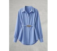 Women's Button Down Long Sleeve Shirt, Collared Neck with Metal Buckle Belt Waist Casual Office Tunic Blouse
