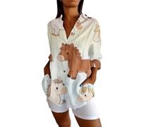 Womens Button Down Shirt Cute Horse Print Lightweight Casual Summer Top Three Quarter Sleeve