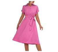 Women's Button Down Shirt Dress Casual Summer Collared Polo Neck Midi Dresses Ruffle Pleated A Line Elegant Flowy Solid Color V Neck Belted Short Sleeve Waist Tie Beach Dress Sale Clearance Hot Pink