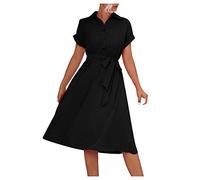 Women's Button Down Shirt Dress Casual Summer Collared Polo Neck Midi Dresses Ruffle Pleated A Line Elegant Flowy Solid Color V Neck Belted Short Sleeve Waist Tie Beach Dress Sale Clearance Black