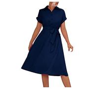 Women's Button Down Shirt Dress Casual Summer Collared Polo Neck Midi Dresses Ruffle Pleated A Line Elegant Flowy Solid Color V Neck Belted Short Sleeve Waist Tie Beach Dress Sale Clearance Navy