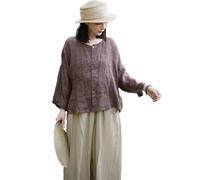 Womens Button Down Shirt Linen Button Up Shirts for Women Long Sleeve Summer Shirt Collared Blouse Linen Tops, Brown, One Size