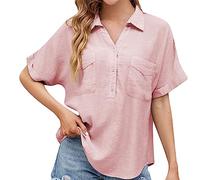 Women's Button Down Shirts Cotton Linen with Two Pockets V Neck Half Sleeve Solid Short Sleeve Casual Work Blouse Tops Ladies Henley Shirts Office Blouses Business Tops Loose T Shirts Clearance Pink