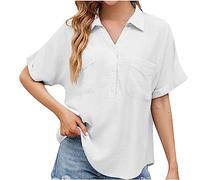 Women's Button Down Shirts Cotton Linen with Two Pockets V Neck Half Sleeve Solid Short Sleeve Casual Work Blouse Tops Ladies Henley Shirts Office Blouses Business Tops Loose T Shirts Sale Clearance