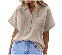 Women's Button Down Shirts Cotton Linen with Two Pockets V Neck Half Sleeve Solid Short Sleeve Casual Work Blouse Tops Ladies Henley Shirts Office Blouses Business Tops Loose T Shirts Clearance