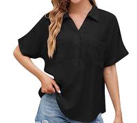 Women's Button Down Shirts Cotton Linen with Two Pockets V Neck Half Sleeve Solid Short Sleeve Casual Work Blouse Tops Ladies Henley Shirts Office Blouses Business Tops Loose T Shirts Sale Clearance