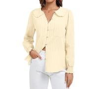 Womens Button Down Shirts Peter Pan Collar Cotton Blouse Casual Textured Tops Beige