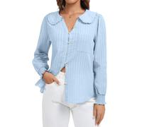 Womens Button Down Shirts Peter Pan Collar Cotton Blouse Casual Textured Tops Light Blue