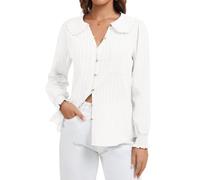 Womens Button Down Shirts Peter Pan Collar Cotton Blouse Casual Textured Tops White
