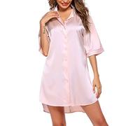 Womens Button Down Sleepshirt Half Sleeve Satin Nightgown Single Breasted Loose Silk Nightdress Boyfriend Nightshirt Pajama Dress Sleepwear (Pink, XL)