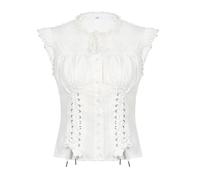 Womens Button Down T-Shirts Cap Sleeve Crew Neck Cross Tie-Up Front Lace Trim Tops Skin Friendly Club Street Style-White-L