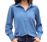 Women's Button Down Tops Loose Solid Color Long Sleeve T Shirts Lapel Neck Wrinkle Business Blouse Comfy Comfortable Tunic Tops Classic Casual Tee Lightning Deals of The Day Blue