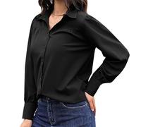 Women's Button Down Tops Loose Solid Color Long Sleeve T Shirts Lapel Neck Wrinkle Business Blouse Comfy Comfortable Tunic Tops Classic Casual Tee Warehouse Deals Clearance Black