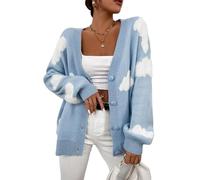 BTFONIA Women's Button Down V Neck Long Sleeve Cloud Open Front Knit Cardigan Sweater(M) Blue