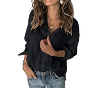 Women's Button Down V Neck Shirts Long Sleeve Blouse Roll Up Cuffed Sleeve Casual Work Plain Tops (black, M)