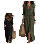 Women's Button-Front Down Shirt Dress, Short Sleeve Cotton Linen Casual Loose Beach Long Maxi Dress for Beach Vacation