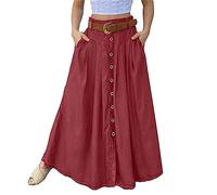 Women's Button Front Maxi Skirt Summer Elastic High Waist A Line Long Skirt Spring Casual Solid Flowy Swing Skirts (Red,S)