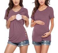 Womens Button Nursing Tops UK Sale Clearance Short Sleeve Round Neck Breastfeeding Shirts Ladies Side Open Maternity Tees Summer Casual Pregnant T-Shirt Plain Breast Feeding Tshirts Pregnancy Top