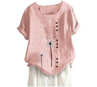 Women's Button O-Neck Short Sleeve Floral Print Buttons Cotton Linen Top Shirt Women, pink, 3XL