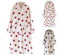 Womens Button Up Dressing Gown Womens Coral Fleece Bathrobe Lovely Cartoon Printed Bathrobe With Heart And Trees Cute Lapel Dressing Gown Supersoft Fleece Housecoat Long Sleeved And Side Pockets