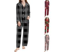 Womens Button Up Plaid Pyjamas Set, Womens Plaid Pyjamas Set, V Neck Lapel Collar Sleepwear Classic Long Sleeve Nightwear Comfortable And Lightweight Loungewear Soft Regular Fit Nightwear For Women