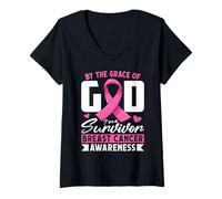 Womens by The Grace God I'm A Survivor Breast Cancer Awareness V-Neck T-Shirt